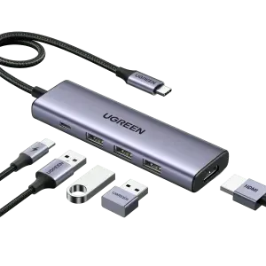 UGREEN USB-C إلى HDMI + 3*USB 3.0 حتى 5Gpbs + USB-C PD Power محول محول متعدد الوظائف (ألمنيوم علبة)