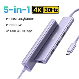 UGREEN 5-دخل-1 USB-C إلى HDMI HDMI 4K@30Hz + 3*USB 3.0 A+PD Power محول creamy Purple