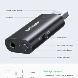 UGREEN USB 2.0 إلى 3.5mm Bluetooth مرسل/مستقبل محول مع كابل صوت